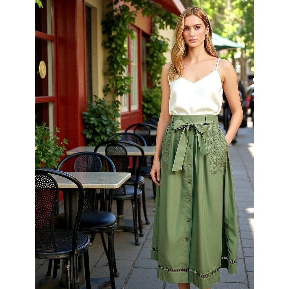 Olive Green Cotton Eyelet Maxi Skirt - Sheen Buttons Bow Tie Stretch Waist - S